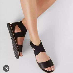 Sorel Ella Black Women's leather sandals sz 7 ankle strap flats